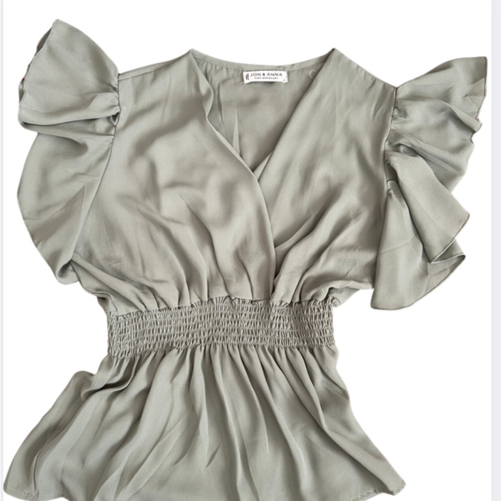 Jon & Anna Light Sage Flutter Sleeve Smocked Waist Blouse